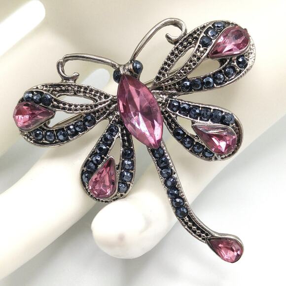 Dragonfly Pink Rhinestone Brooch, Gray Metallic Rhinestones, 1990s Vintage - Picture 4 of 10